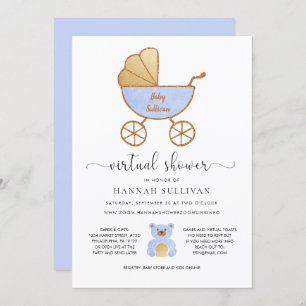 Virtual Baby Shower Boy   Retro Carriage Blue Gold Invitation