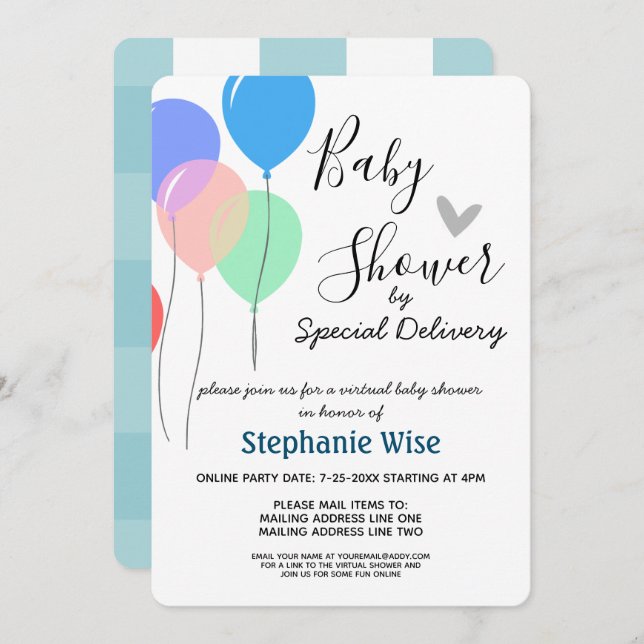 Virtual Baby Shower by Mail Balloons Invitation (Front/Back)