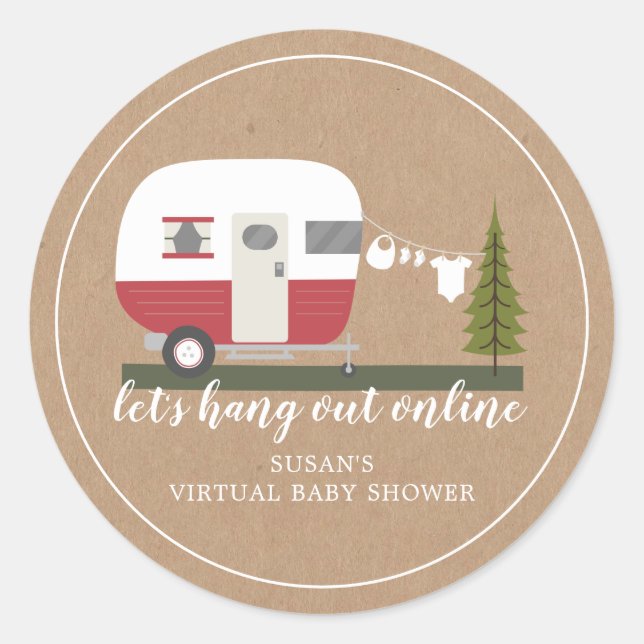 Virtual Baby Shower By Mail Red Camper Cardstock Classic Round Sticker (Front)