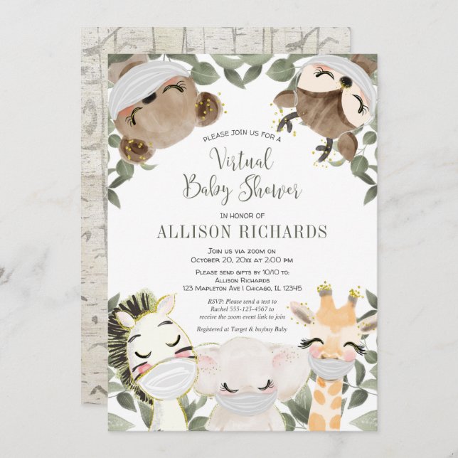 Virtual baby shower cute animals with masks invitation (Front/Back)
