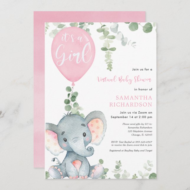 Virtual baby shower elephant pink balloons girl invitation (Front/Back)