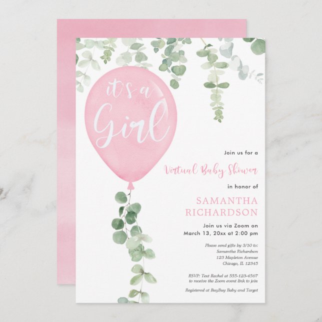 Virtual baby shower girl pink balloons eucalyptus invitation (Front/Back)