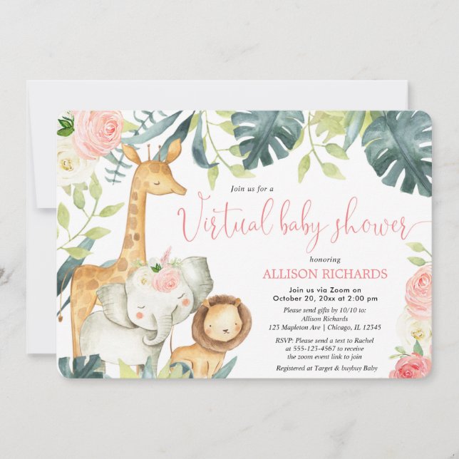 Virtual Baby Shower girl pink floral safari animal Invitation (Front)