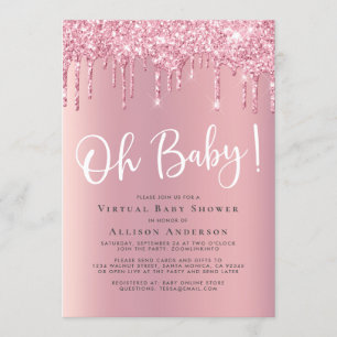 Virtual Baby Shower Glitter Drip Pink Invitation