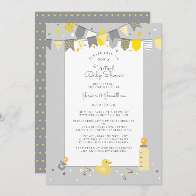 Virtual Baby Shower Grey Yellow Cute Banner Modern Invitation (Front/Back)