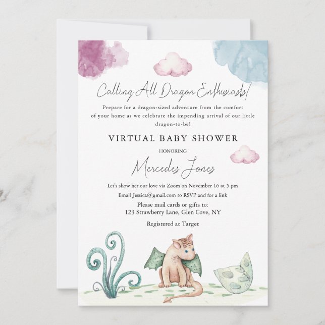 Virtual Baby Shower Hatching Dragon Pastel Colours Invitation (Front)
