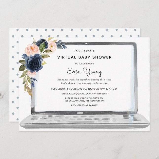 Virtual Baby Shower Laptop Navy & Blush Flowers Invitation (Front/Back)