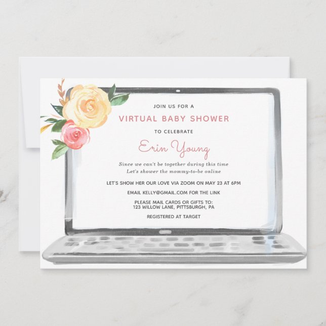 Virtual Baby Shower Laptop with Pink Flowers Invitation (Front)