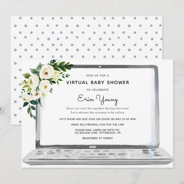 Virtual Baby Shower Laptop with White Flowers Invitation (Front/Back)