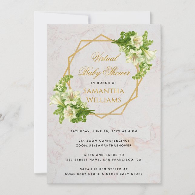 Virtual Baby Shower Lilies Gold Floral Geometric Invitation (Front)