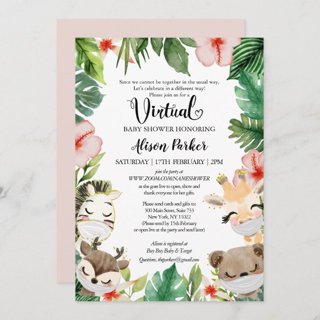 Virtual Baby Shower | Masked Jungle Safari Friends Invitation (Front/Back)