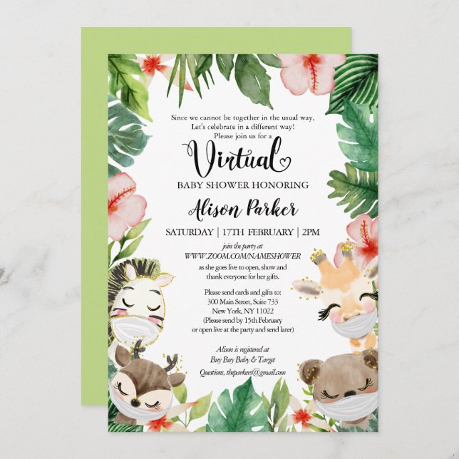 Virtual Baby Shower | Masked Jungle Safari Friends Invitation (Front/Back)
