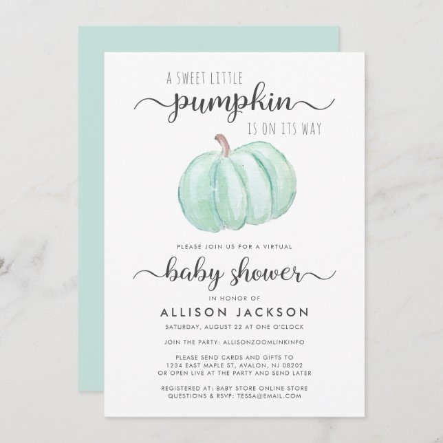 Virtual Baby Shower Mint Pumpkin Watercolor Invitation (Front/Back)