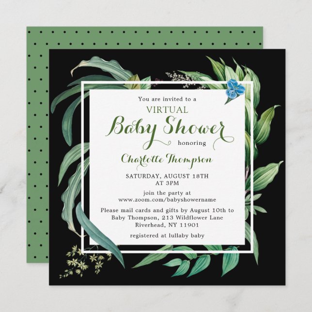 Virtual Baby Shower Modern Watercolor Green Floral Invitation (Front/Back)