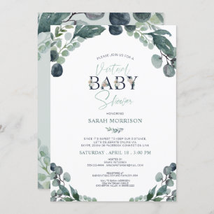 Virtual Baby Shower Navy Blue Sage Greenery Invitation