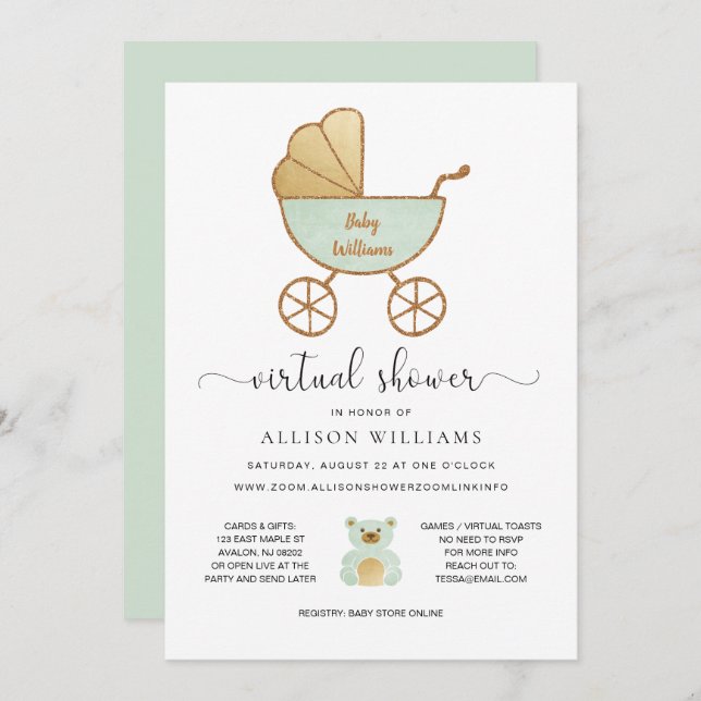 Virtual Baby Shower Pastel Green Retro Carriage Invitation (Front/Back)