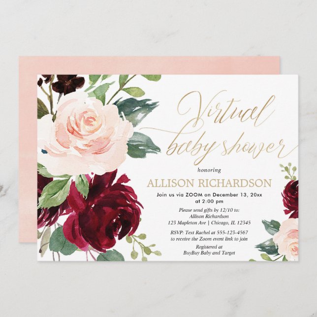 Virtual baby shower pink gold burgundy floral girl invitation (Front/Back)