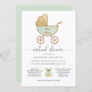 Virtual Baby Shower   Retro Carriage Green Gold Invitation