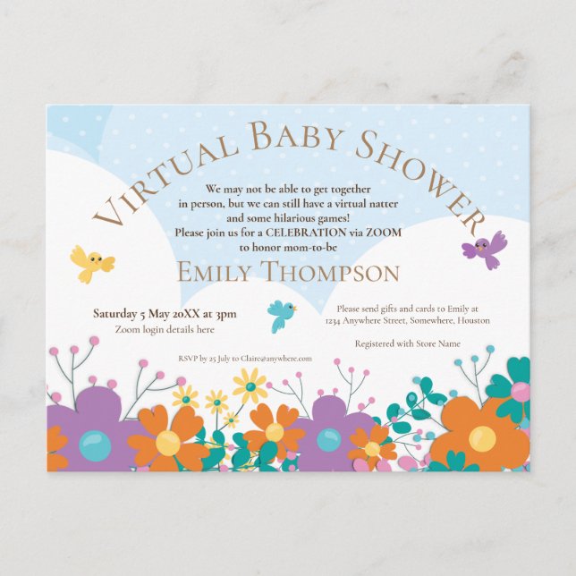 Virtual Baby Shower Simplistic Florals Birds Invitation Postcard (Front)