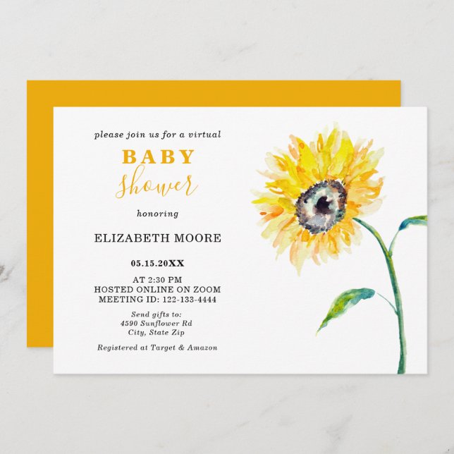 Virtual Baby Shower Sunflower Theme Neutral Zoom Invitation (Front/Back)