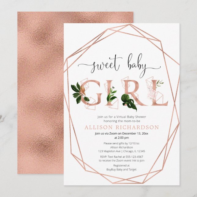 Virtual Baby Shower sweet baby girl rose gold Invitation (Front/Back)