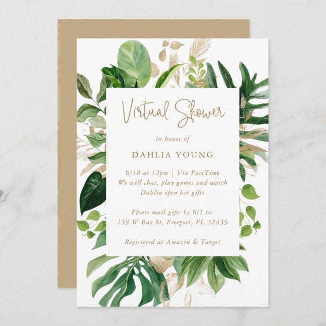 Virtual Baby Shower Tropical Greenery Geometric Invitation (Front/Back)