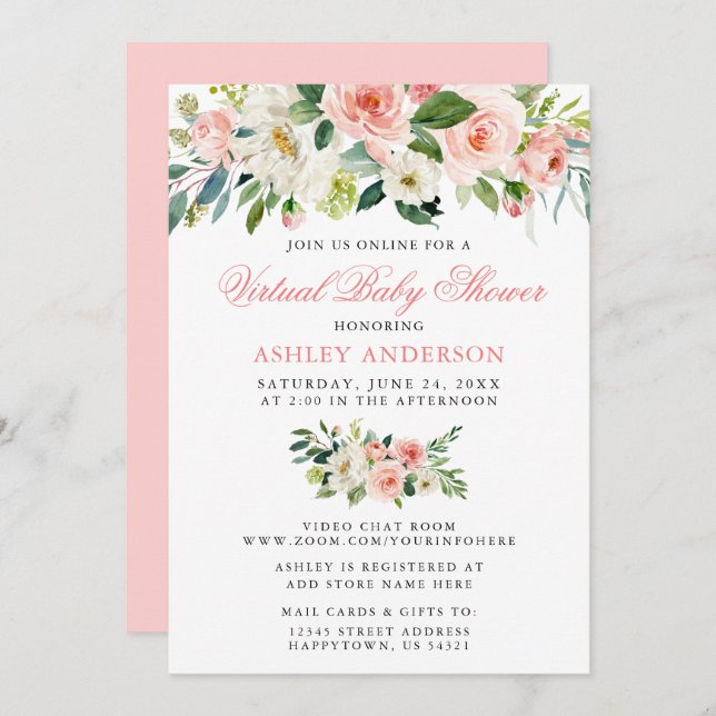 Virtual Baby Shower Watercolor Floral Pink Invitation (Front/Back)