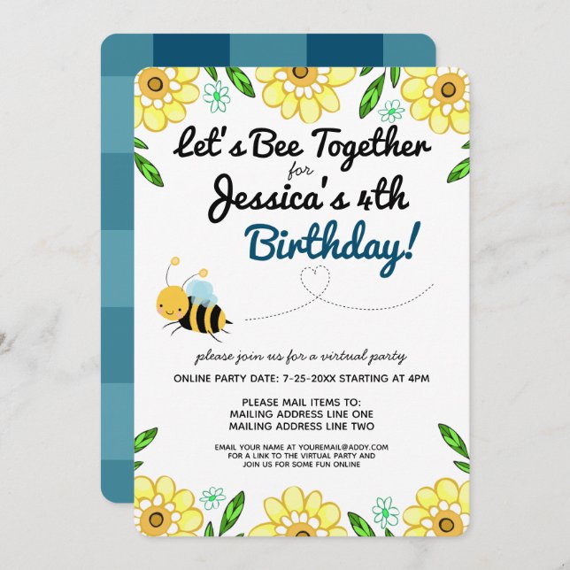 Virtual Bee Birthday Party by Mail Invitation (Front/Back)