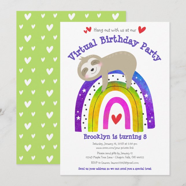 Virtual Birthday Cute Sloth Boho Rainbow Modern Invitation (Front/Back)