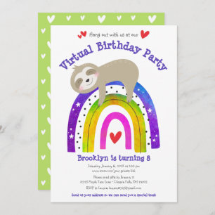 Virtual Birthday Cute Sloth Boho Rainbow Modern Invitation