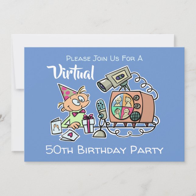 Virtual Birthday Party 50th Funny Cartoon Blue Men Invitation (Front)