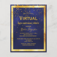 Virtual birthday party blue gold invitation
