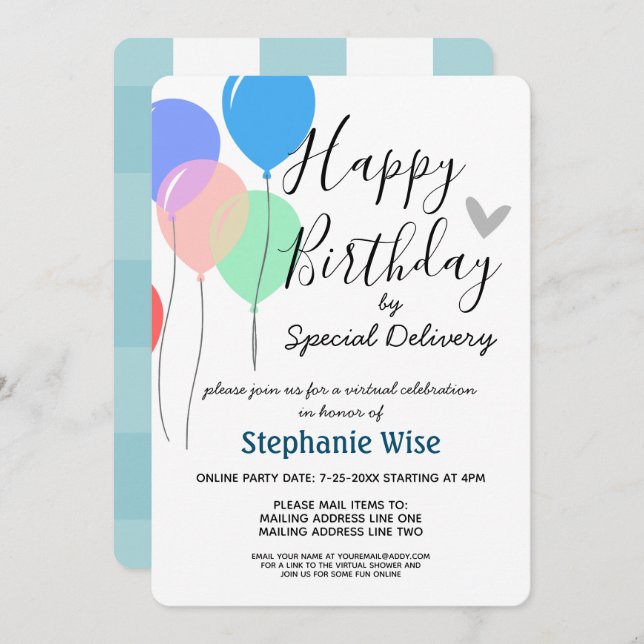 Virtual Birthday Party by Mail Balloons Invitation (Front/Back)