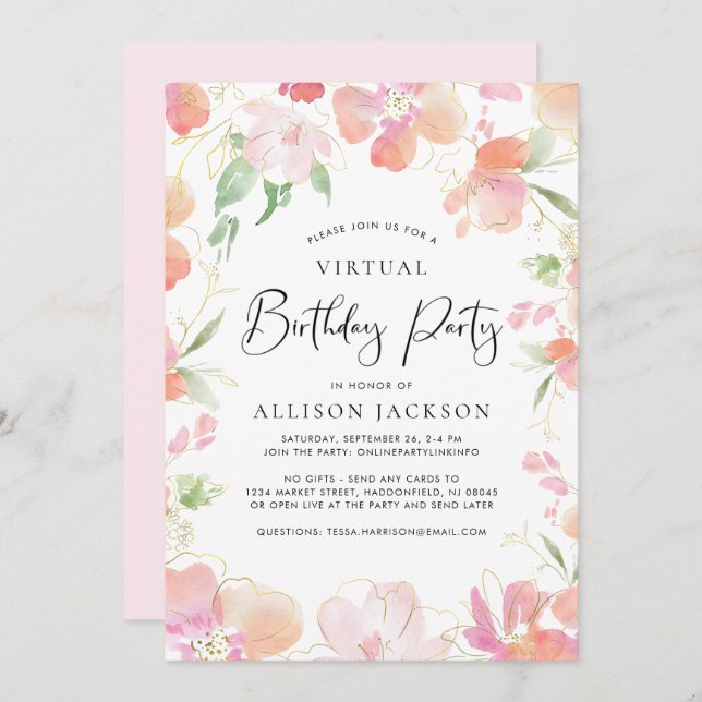Virtual Birthday Party Floral Pink Gold Invitation (Front/Back)