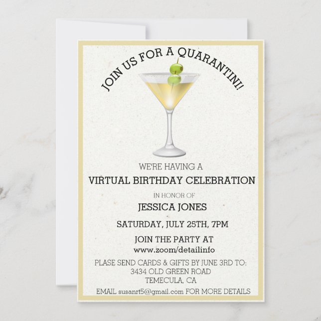 Virtual Birthday Party Join us for Quarantini Invitation (Front)