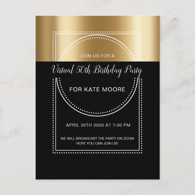 Virtual Birthday Party Metallic Gold On Black 50th Invitation Postcard (Front)