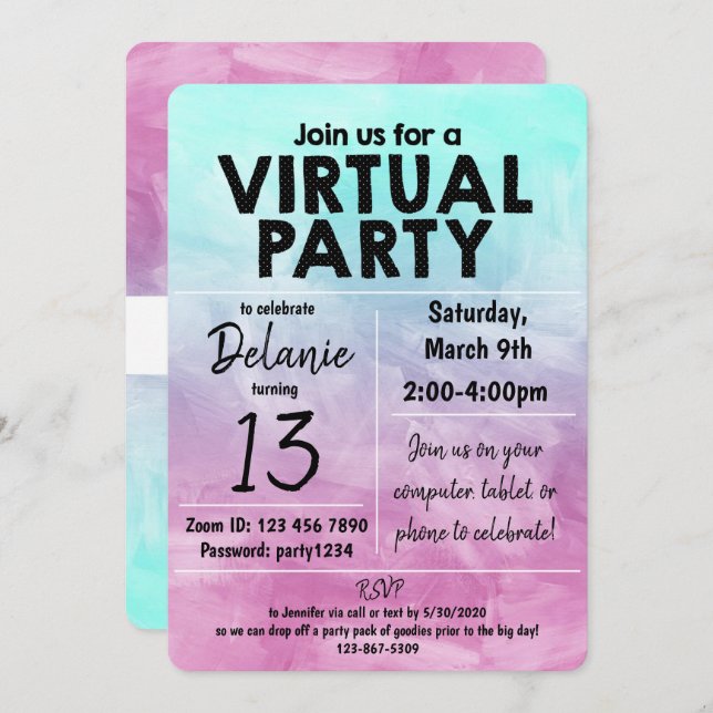 Virtual Birthday Party Watercolor Design Invitation (Front/Back)