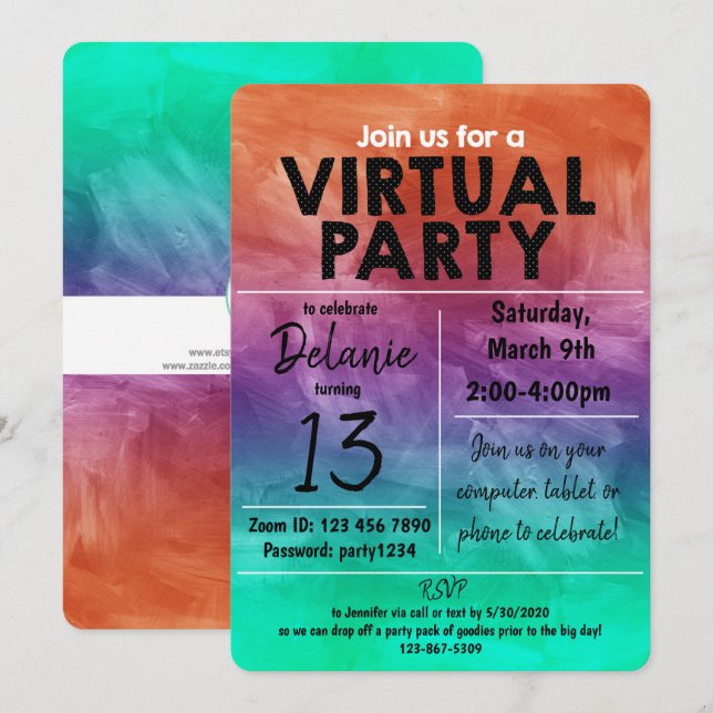 Virtual Birthday Party Watercolor Design Invitation (Front/Back)