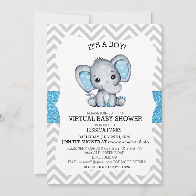Virtual Blue Elephant Chevron Glitter Baby Shower Invitation (Front)