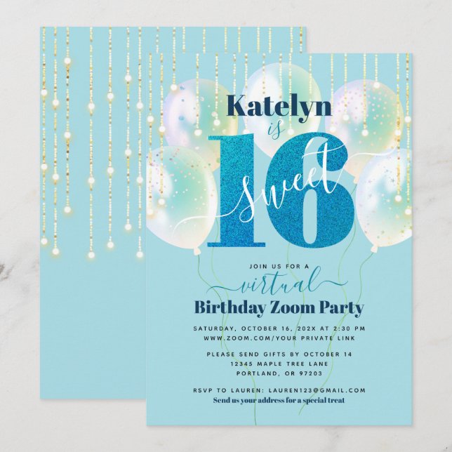 Virtual Blue Glitter Sweet 16 Birthday Balloons Invitation (Front/Back)