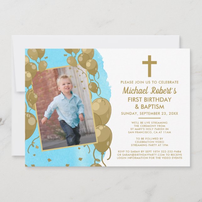 Virtual Blue Gold Baptism 1st Birthday Text Photo Invitation (Front)
