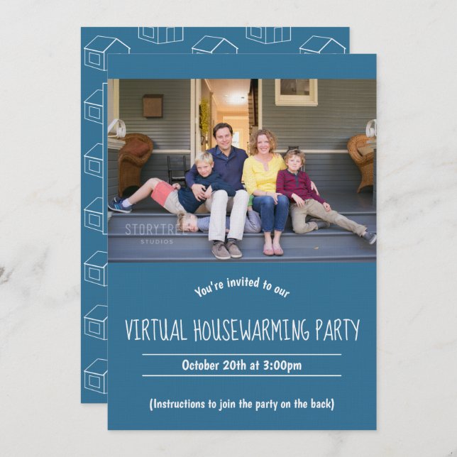 Virtual Blue White Housewarming Photo Invitation (Front/Back)