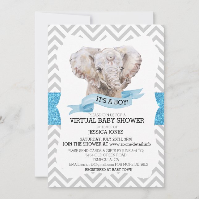 Virtual Boy Elephant Chevron Glitter Baby Shower  Invitation (Front)