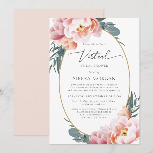 Virtual Bridal Shower Blush Pink Floral Peony Gold Invitation (Front/Back)