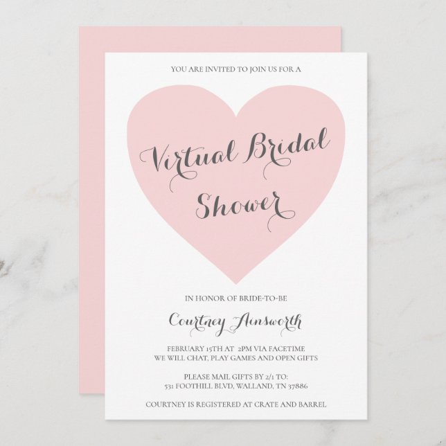 Virtual Bridal Shower Cute Pastel Pink Heart Invitation (Front/Back)