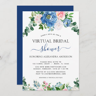 Virtual Bridal Shower Eucalyptus Blue Pink Floral Invitation