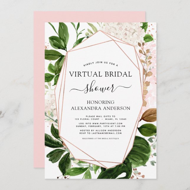 Virtual Bridal Shower Greenery Rose Gold Invitation (Front/Back)