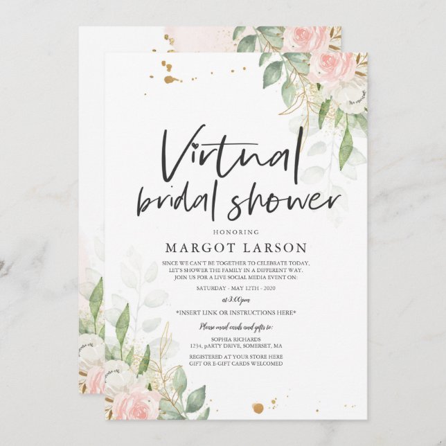Virtual Bridal Shower Invitation Greenery & Gold (Front/Back)