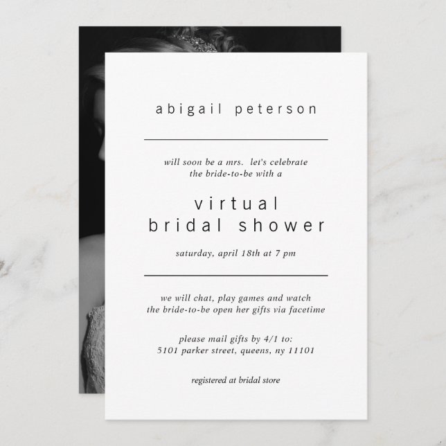 Virtual Bridal Shower Minimalist Black White Photo Invitation (Front/Back)