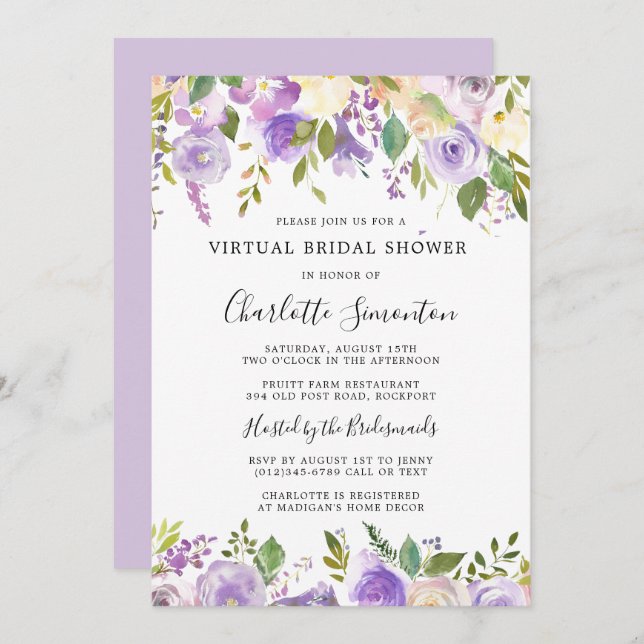 Virtual Bridal Shower Purple Greenery Botanical Invitation (Front/Back)